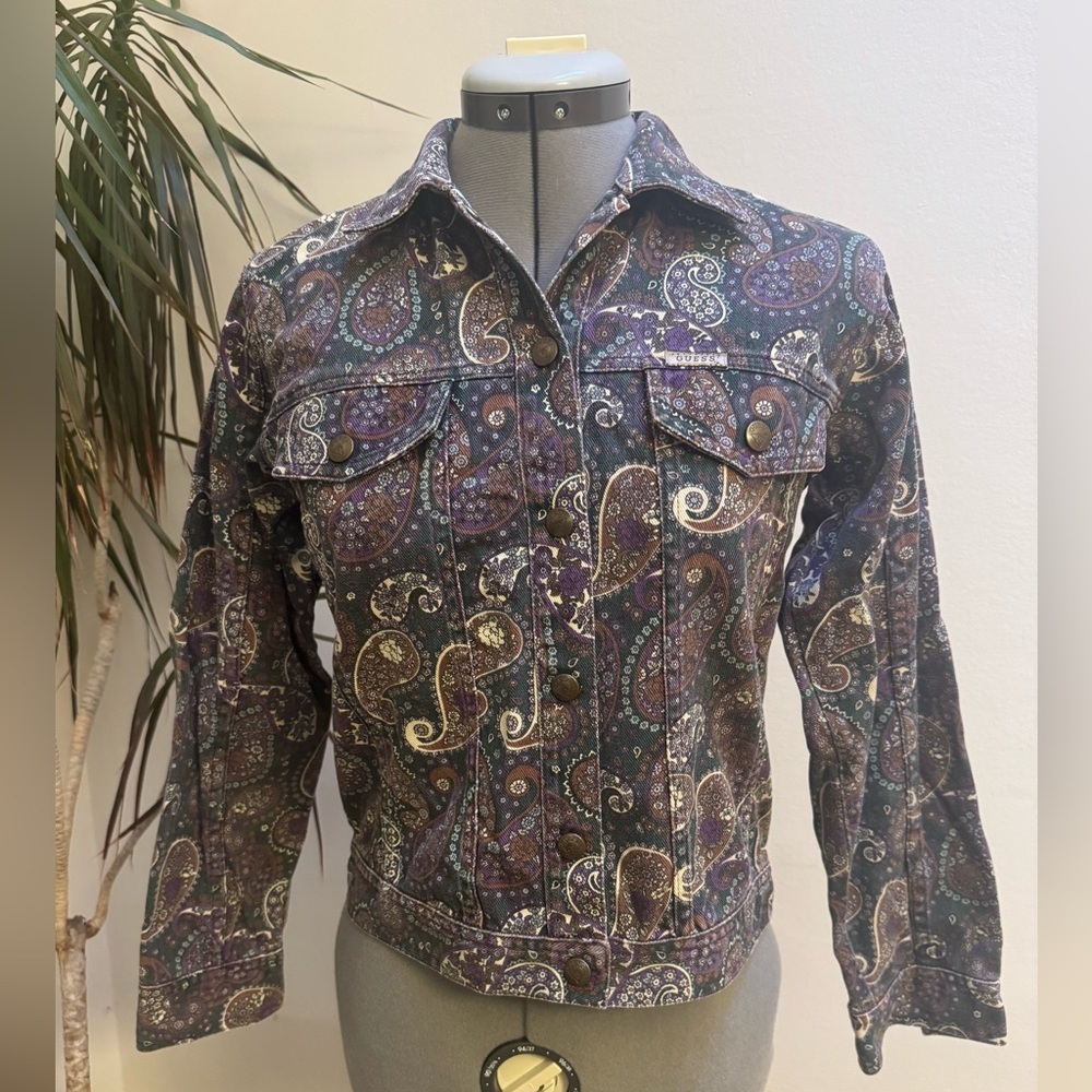 Vintage Guess Paisley Denim Jacket Purple Boho 90s Made in USA